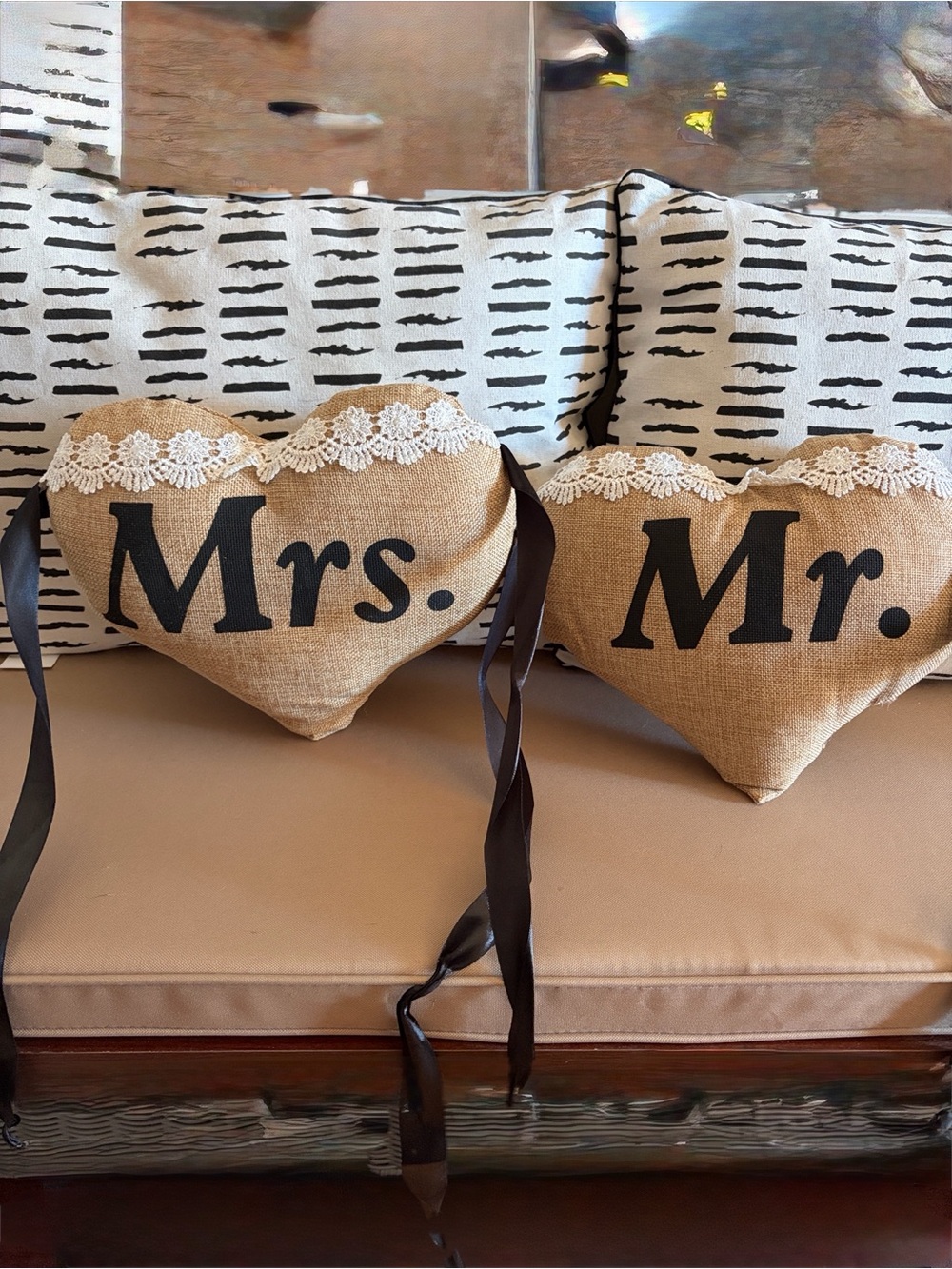 Mr. & Mrs. Burlap Heart Pillow Set with Lace